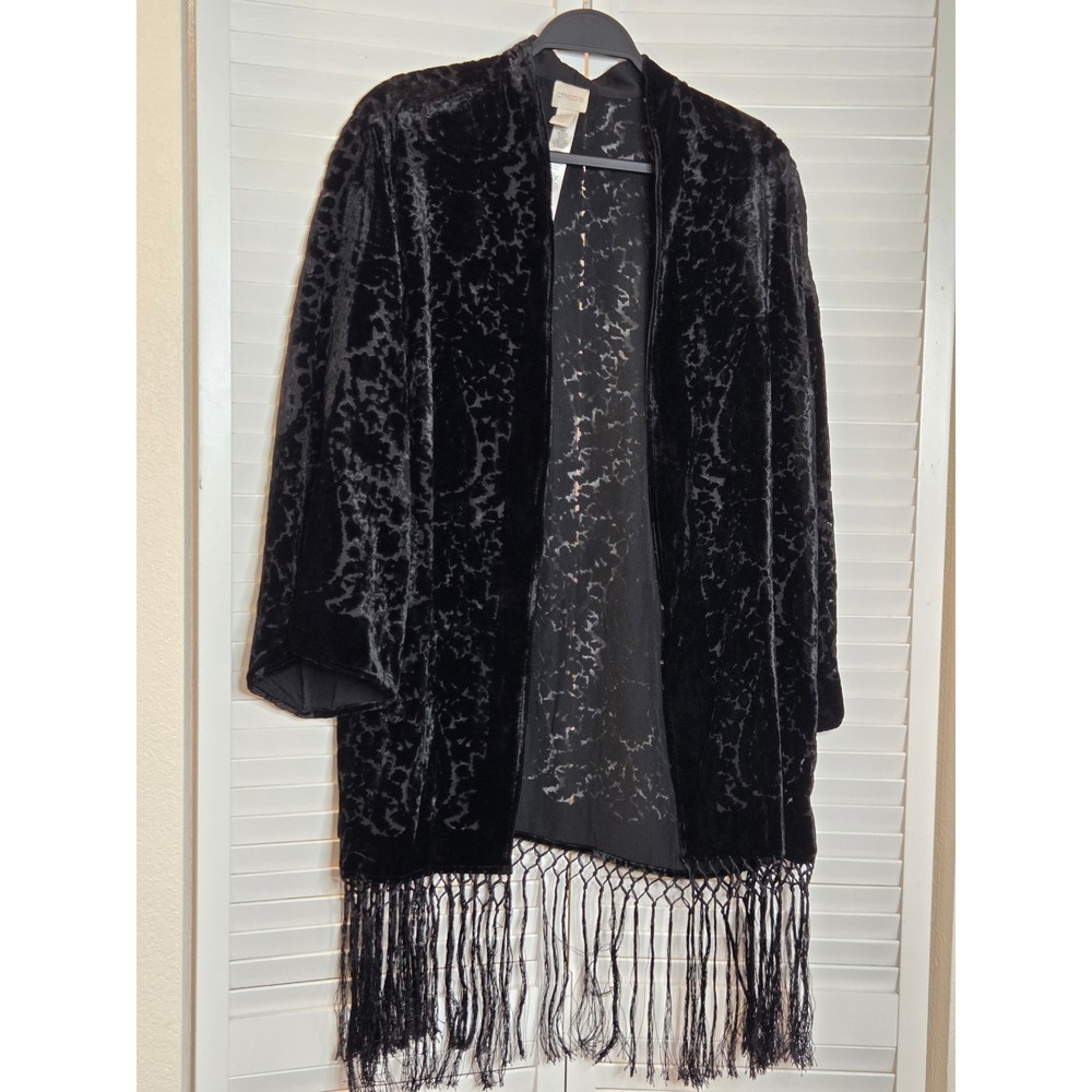 Chico's Burnout Velvet Kimono Wrap S/M Black Damask Fringe Open Front Cardigan
